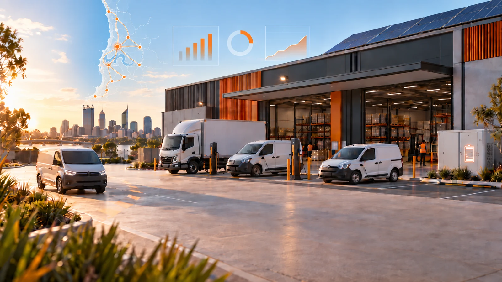 Electric commercial fleet at a Perth depot with a Perth metro route overlay