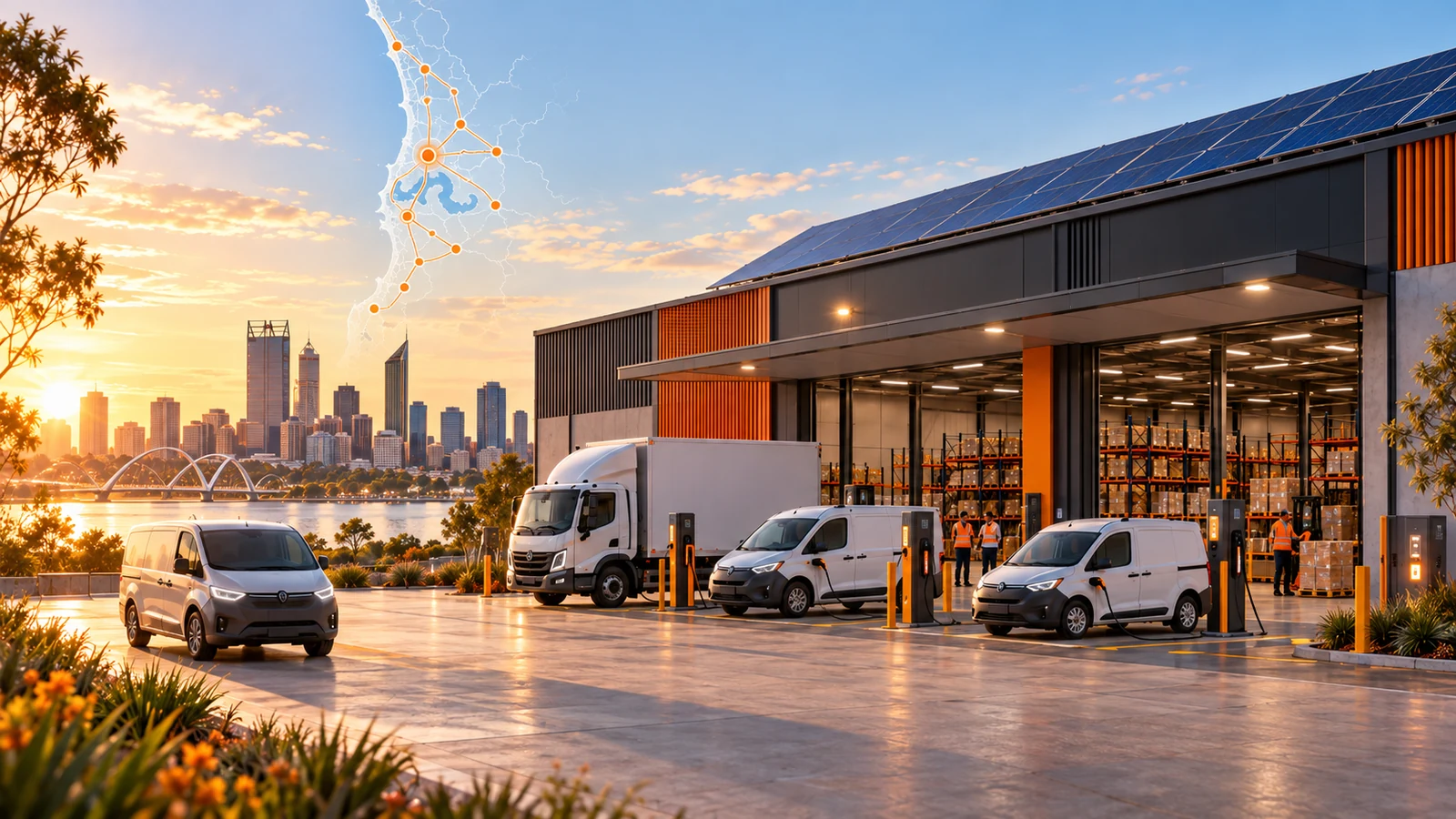 Electric commercial vehicles charging at a Perth depot with the Perth skyline and a Perth metro route concept