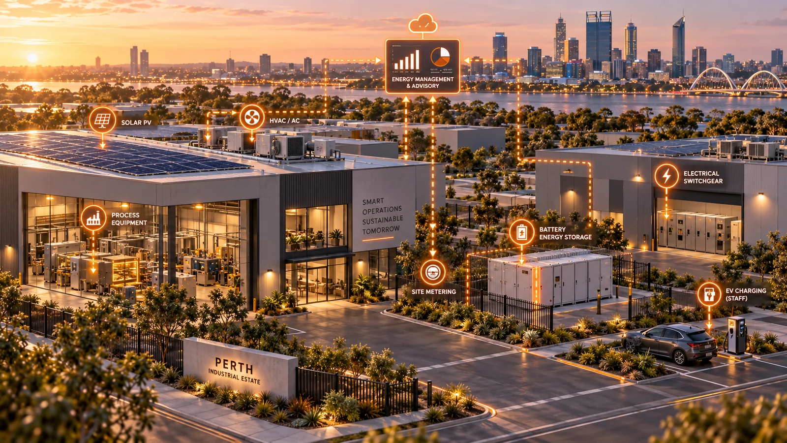 Smart industrial estate in Perth with solar PV, battery storage, EV charging for staff, metering and energy management overlays
